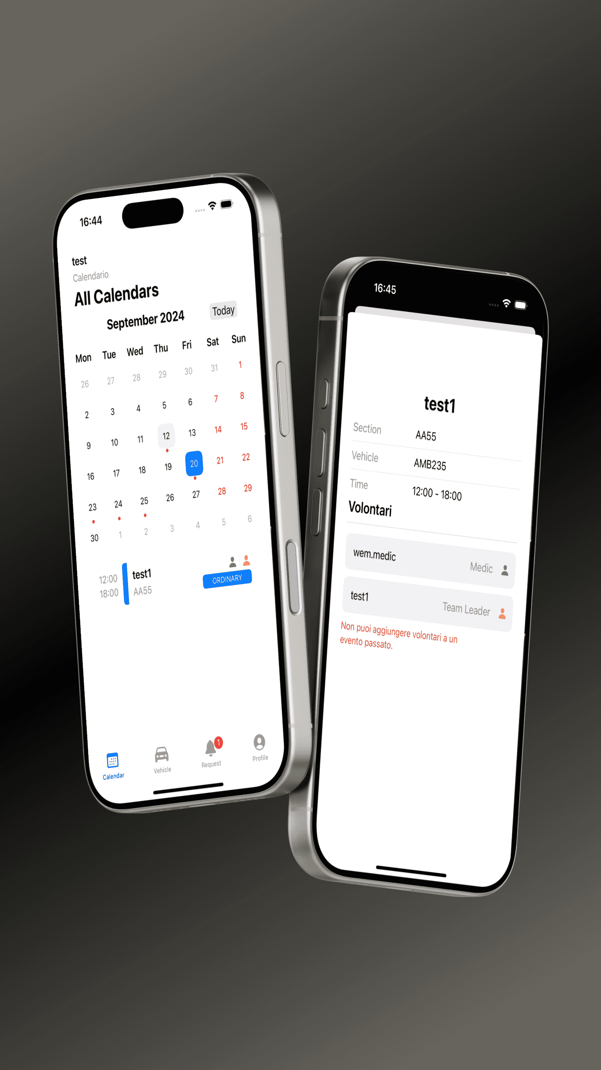 Versione mobile del calendario turni dell’app AmbulANSIA