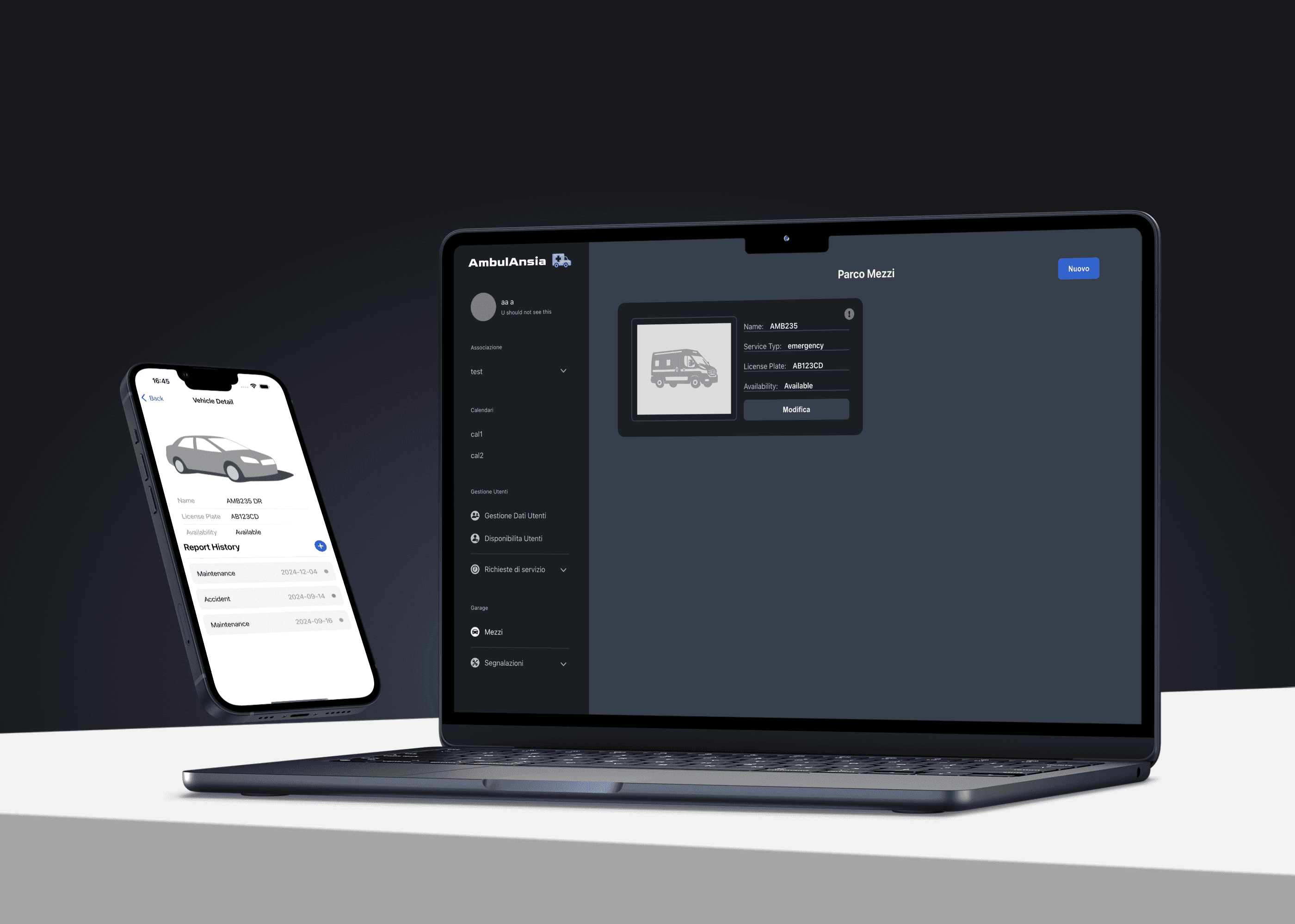 Sezione garage per la gestione dei mezzi nella versione web e mobile